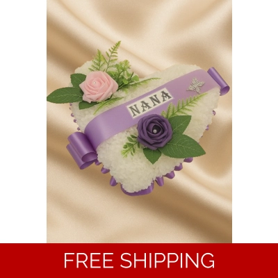 Mini Purple Heart Funeral Tribute for Nana – Artificial Flowers with Ribbon